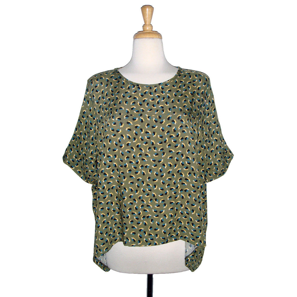 loose flowing blouse top in a beautiful green splashed with yellow, blue, and black paint marks. Very 80's print.