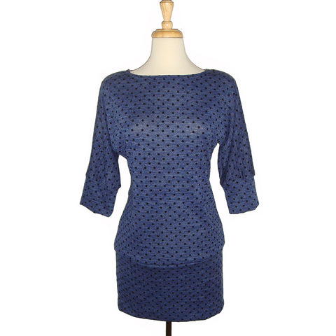 long sweater tunic top blue with small black polka dots